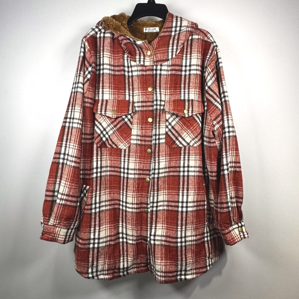 IN'VOLAND Womens 20W Plaid Hooded Jacket Cozy Faux Fur Lined Flannel Shacket